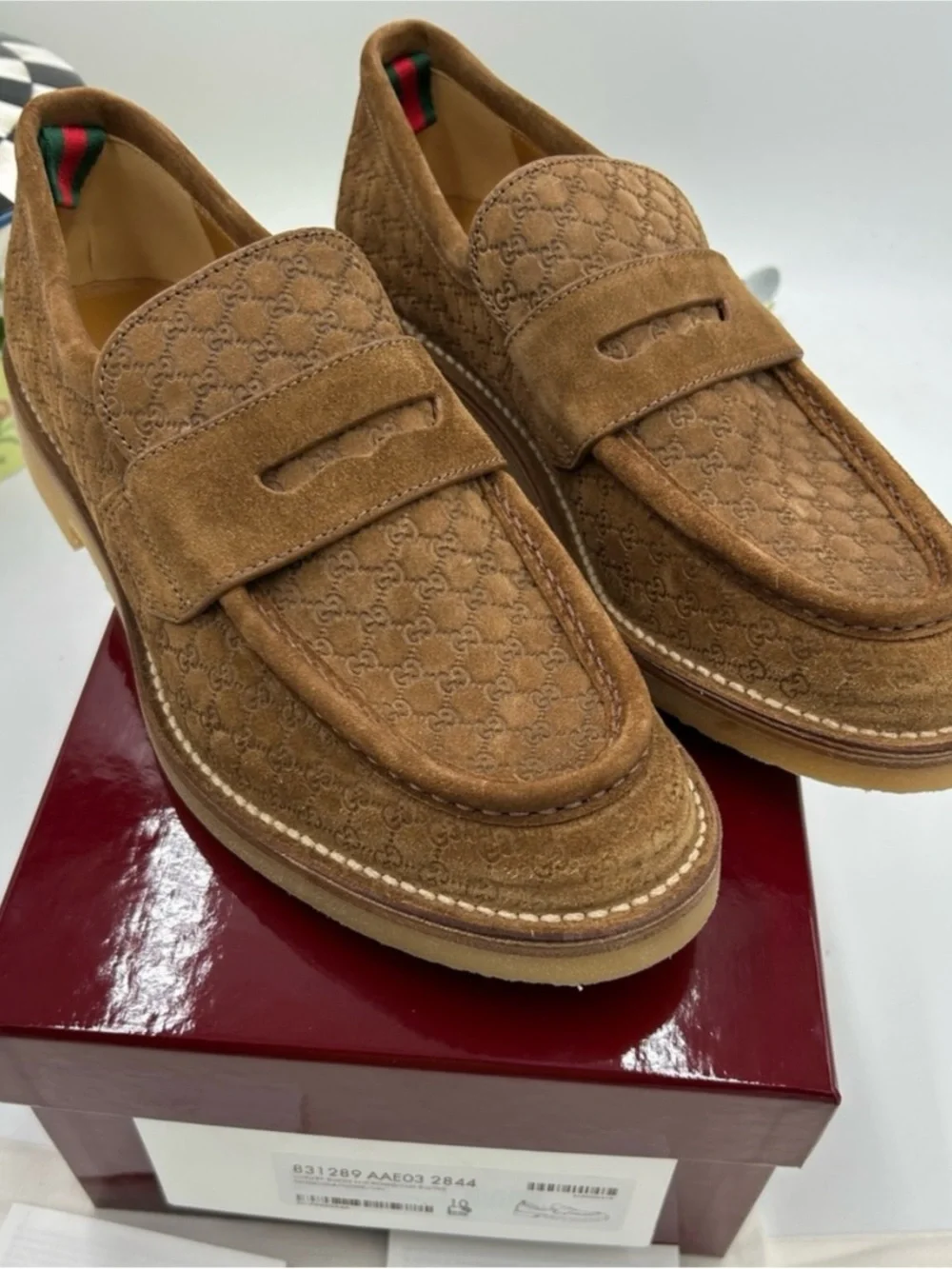 Men's Gucci suede GG monogram web loafers size 10 fits 10.5 US made in Italy